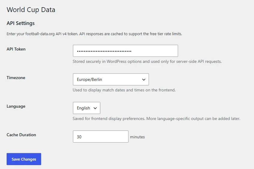 Worldcup Data WordPress Plugin Settings